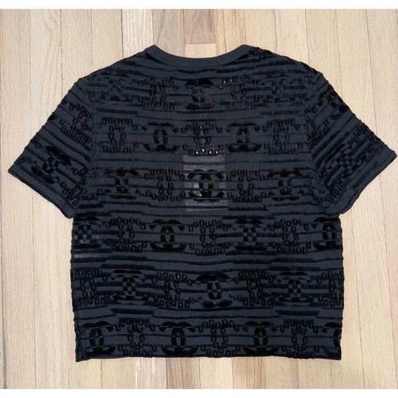 Chanel 21C Black Flocked Velvet CC Logo Top Short Sleeve Tee T Shirt S Small - Picture 11 of 16